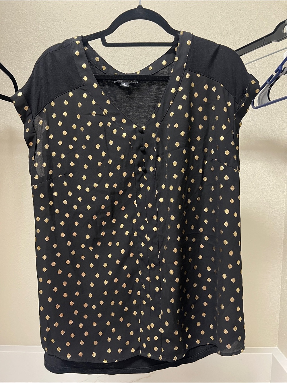 Women's Black V-Neck Blouse with Gold Dot Print